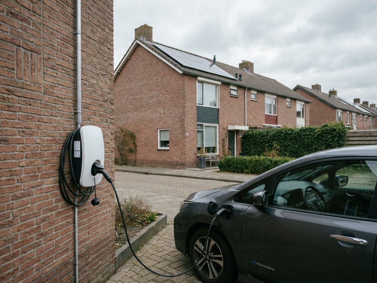Laadpaal voor een elektrische auto aan de gevel van een Nederlandse woning, met zonnepanelen op het dak