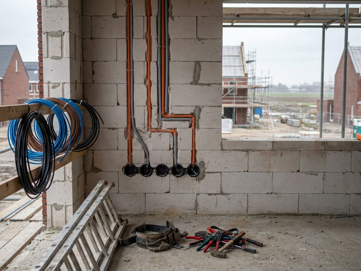Elektra in aanbouw: buizen en inbouwdozen strak weggewerkt in een nieuwbouwwoning