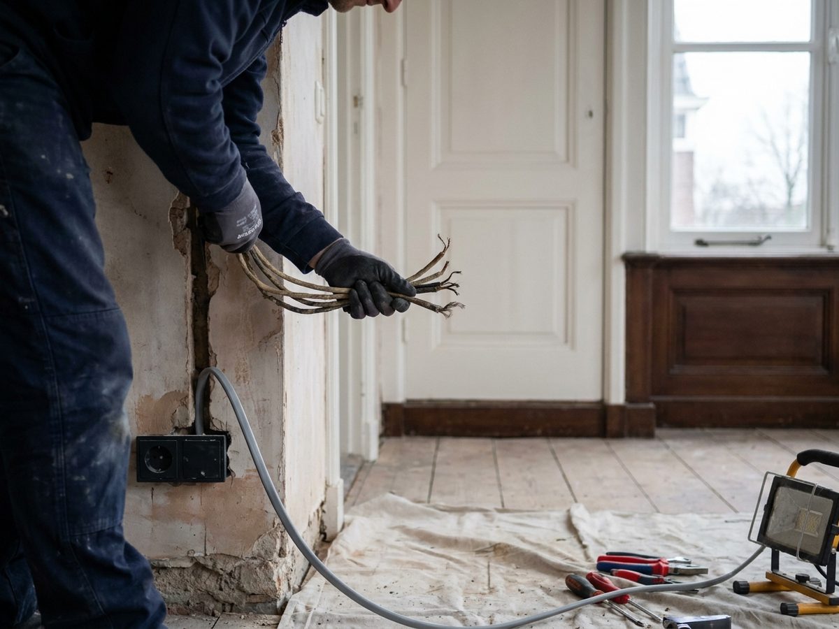 Oude bedrading wordt vervangen tijdens een verbouwing in een Nederlandse woning