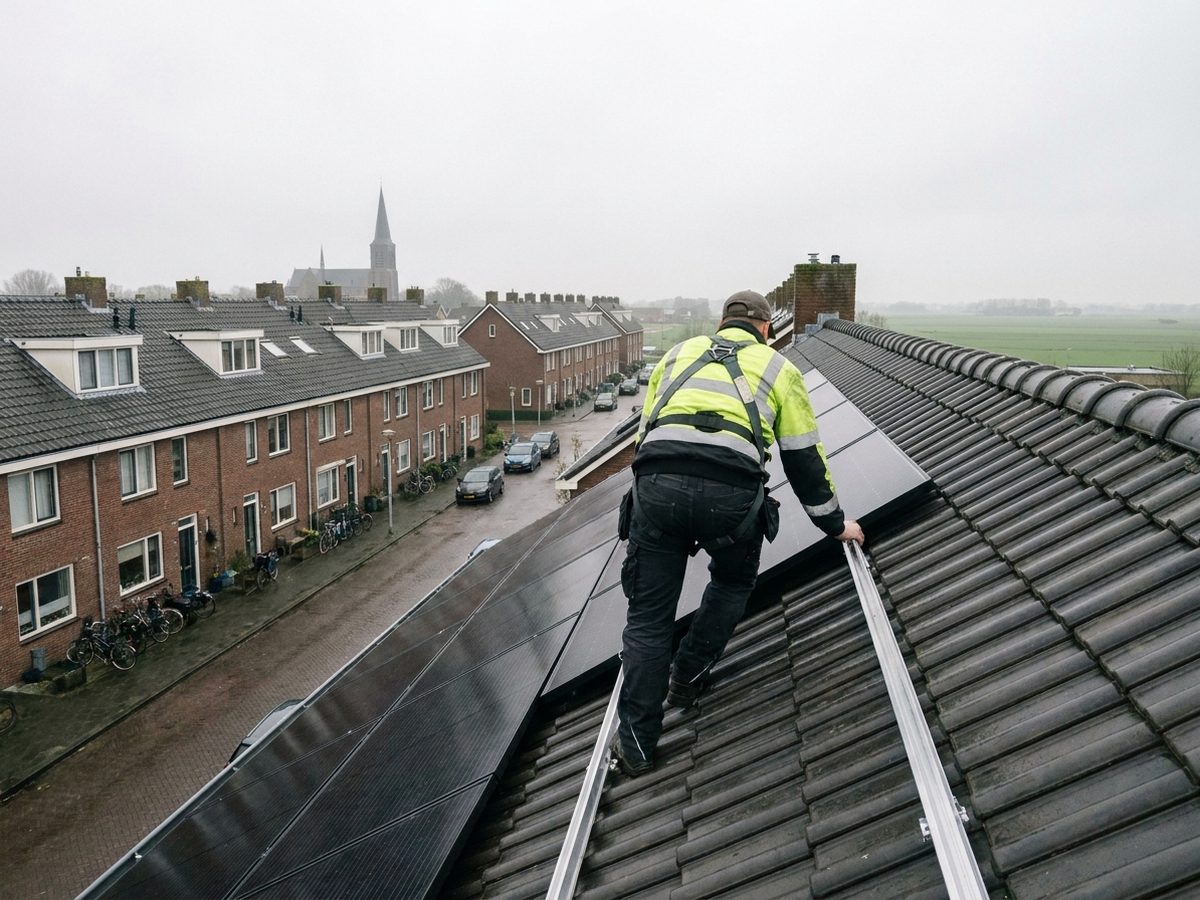 Monteur plaatst zonnepanelen op het dak van een Nederlandse rijtjeswoning